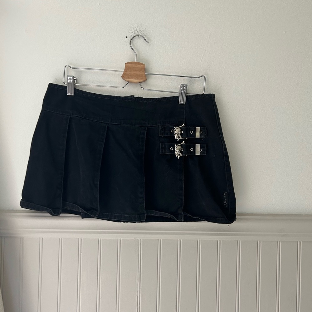 Vintage Tripp NYC Black Pleated Mini Skirt Skull Buckle Punk Goth